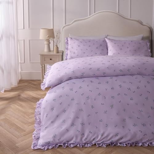 OHS King Duvet Covers Floral Frill Purple, Luxury King Size Bedding with Pillowcases Hotel Quality Bedding Set King Duvet Quilt Covers Super Soft - Lilac