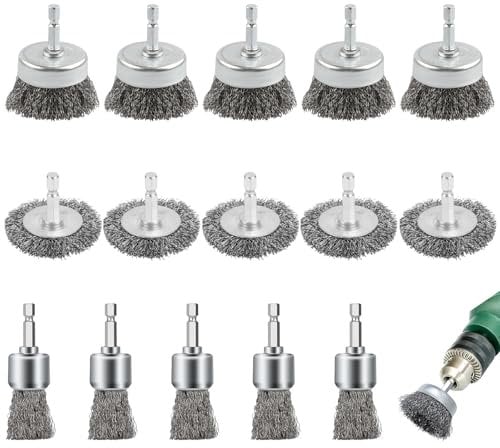 Wire Brush for Drill, 15 PCS Drill Brush Set Wire Brush Drill Attachment Metal Brush With 1/4 Inch Hex Shank Wire Wheel Angle Grinder Stainless Steel Wire Brushes for Cleaning Rust Removing Paint