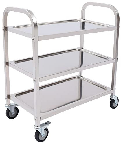 MIIWWOWO 3 Etagen Edelstahl Servierwagen Flacher Servierwagen Aufbewahrungswagen Kitchen Trolley Rollwagen Getränke mit Rollen, Trolley für Restaurants, Bibliotheken, Küchen, Wohnzimmer (85×45×90cm)