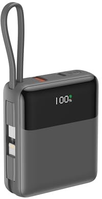 Batterie Externe 10000mAh Mini Ultra-Compacte 22.5W PD, Powerbank 2 Câbles Intégrés (Type-C + Lightning),Charge Rapide pour iPhone 17/16/15/14, Samsung, iPad - Dimensions Mini (73x62x26.5mm)