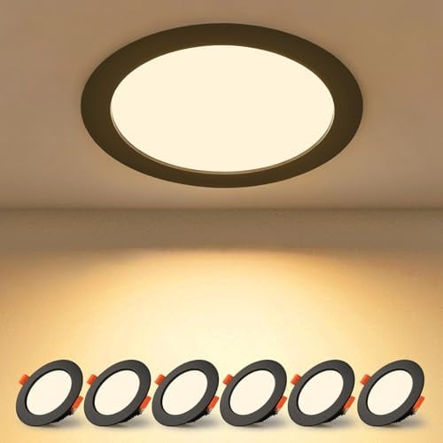 BAGZY Downlight LED Techo Empotrable 7W Negro 220V IP44 Blanco Cálido 3000K Interior Focos Techo Redondo Extraplano Recorte 65-75mm Ojos de Buey LED para Baño Cocina Pack de 6（Modelo sin conductor）
