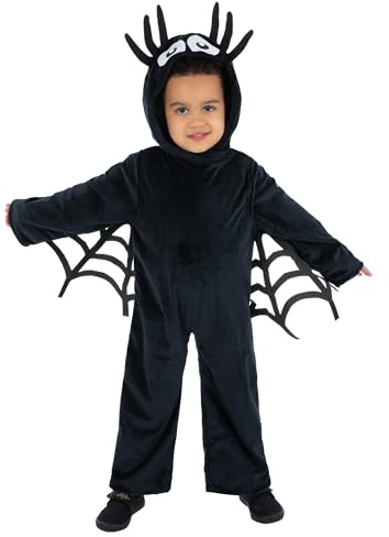 Smiffys Toddler Spider Costume for Boys & Girls, Black Hooded Jumpsuit with Attached Spider Eyes & Web Wings, Cute Creepy-Crawly Fancy Dress Outfit for Halloween & Parties
