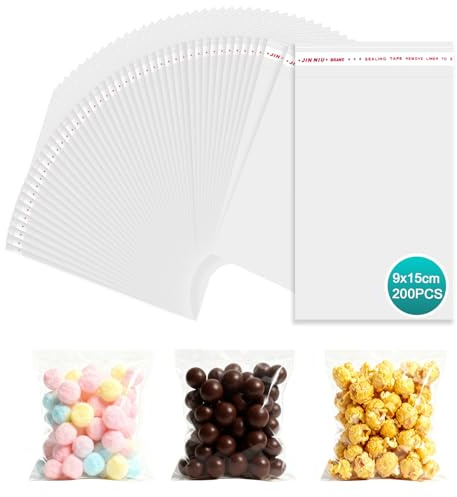 PDKKFF 200pcs Bolsas Celofán Transparente Bolsas Celofan Autoadhesivas 9x15cm OPP Bolsitas Plastico Pequeñas para Chuches Regalos Galletas Bizcochos Joyas Jabones Tarjetas