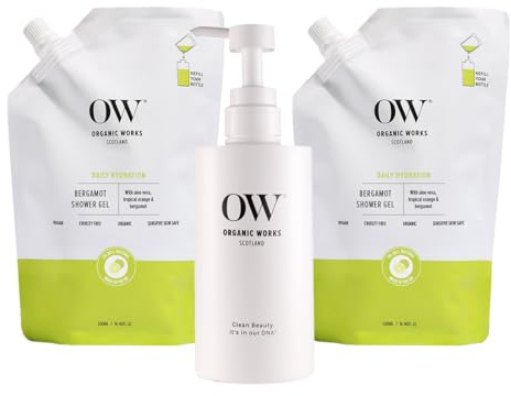 Organic Works Bergamot Shower Gel - 500ml (Pack of 2) + Refill Bottle - Hypoallergenic Body Wash with Aloe Vera, Bergamot & Orange oils - Hydrating, Nourishing & Revitalising Care for All Skin Types