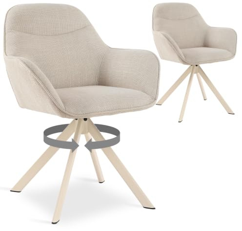 Goeurvant Esszimmerstühle Drehbar 2er Set mit Armlehne, 360° drehbar, Polsterstuhl Leinen, Drehstuhl Esszimmer, Küchenstuhl mit Beige Metallbeine für Esszimmer, Küche, Beige