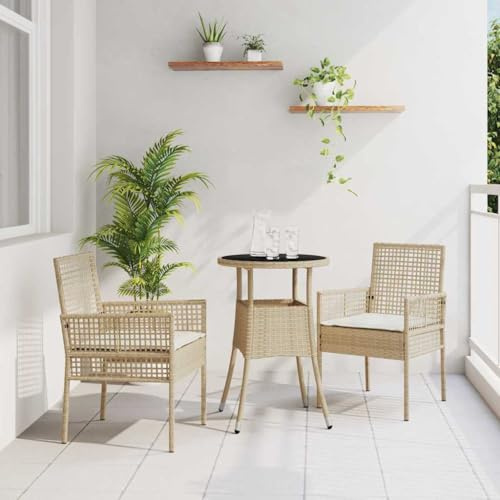 Ziaphsol Garten Essgruppe 3-teilig Beige Poly Rattan, wetterfestes Balkonmöbel-Set, langlebige Outdoor-Tischgruppe mit Kissen für Terrasse, Essbereich