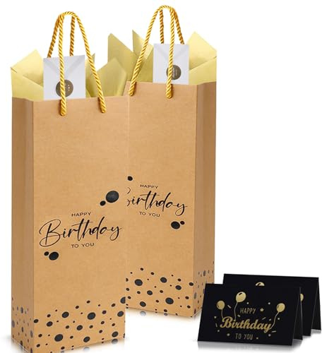 2 Pack Birthday Gift Bags for Bottles, Brown Wine Gift Bags with 4Pcs Tissue Paper & 2Pcs “Happy Birthday” Gift Cards, Spirits Tote Bag Bottle Bags for Man Women Birthday Party Supplies