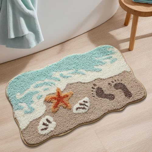 Justup Strand-Badezimmerteppich, 50 x 80 cm Weiche rutschfeste Badematte | Saugfähiger Strand-Badematte mit Muschel-Motiv, Rutschfeste Fußmatte, Maschinenwaschbar, Teppich für Badezimmer, Duschraum