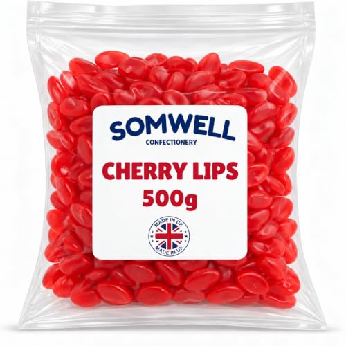 Somwell - Cherry Lips 500g - Halal Chewy Sweets – Retro Pick & Mix Gummies - Ideal Bulk Party Chewy Sweets, Birthday Candy, Cake Decorations & Sharing - Resealable Pouch