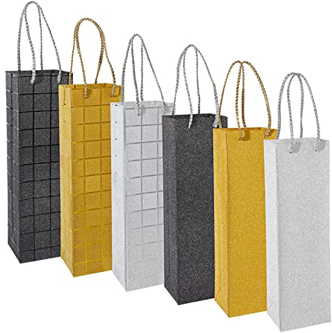 6 Pack Foiled Glitter Wine Bottle Gift Bags with Satin Rope Handles, Silver, Black, Gold, 9.6 x 35.5 x 8.3 cm