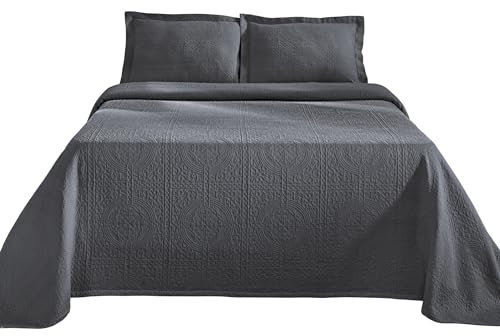 Superior 100% Cotton Medallion Bedspread with Shams, All-Season Premium Cotton Matelassé Jacquard Bedding, Quilted-look Floral Medallion Pattern - Queen, Grey