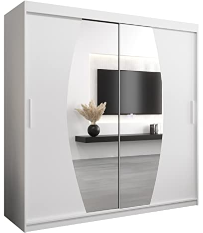 MEBLE KRYSPOL Elypse 200 Schlafzimmerschrank mit Zwei Schiebetüren, Spiegel, Kleiderstange und Regalen – 200x200x62cm - Mattweiß
