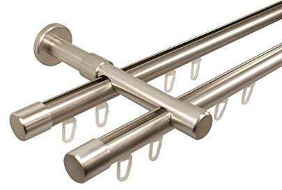 iso-design Gardinenstange Innenlauf 2-läufig 20 mm Durchmesser Farbe Edelstahl Wandmontage Gardinenstangenkomplettset aus Metall Innenlaufstangen Endstück Kappe, 180 cm