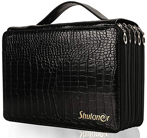 Shulaner 250 Slots Astuccio per Matite Multifunzione Ampia Capacità con 5 Cerniera Porta Penne Tasca Matite da Colorare Custodia pelle sintetica Astucci Pencil Case - Nero