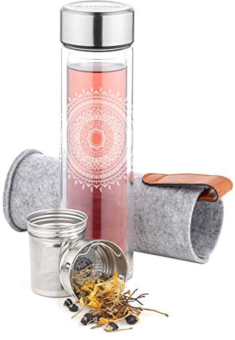 Navaris Teeflasche aus Glas mit Edelstahl Sieb - 500ml Tee Flasche Teekanne to go - Trinkflasche doppelwandig aus Borosilikatglas - mit Filz Hülle