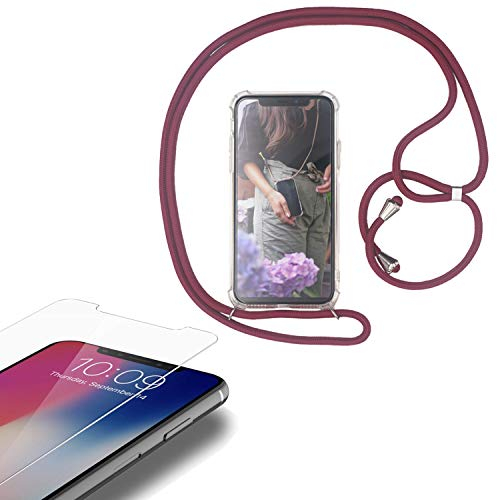 Eximmobile - Handykette kompatibel mit Samsung Galaxy A7 (2018) in Rot + Panzerfolie Schutzhülle Handy Hülle Band Seil Schnur Case Umhängen Handytasche Umhängehülle Kette Kordel Silikoncase