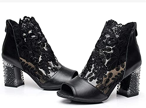 WAYERTY Sandali da Donna con Tacco Alto E Punta Aperta, Stivaletti Estivi in Pelle A Bocca di Pesce con Inserto in Rete di Pizzo Stivali con Cerniera sul Retro Scarpe Eleganti Festa di Nozze,Nero,37