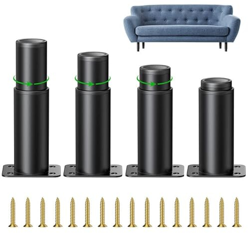JOLIGAEA 4 Pièces Pieds de Meubles Réglables, 8cm Pied Cuisine Réglables, Hauteur Réglable est de 0 à 40 mm, Ronds Métal Acier Inoxydable Canapé Jambe Table Pieds, Pieds d'armoire avec des Vis, Noir