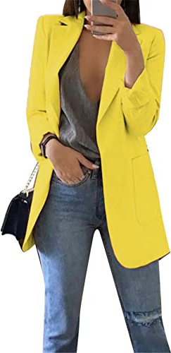 Yming Damen Cardigan Revers Geschäft Büro Blazer Lose Herbst Trenchcoat Langarm Mantel Gelb S
