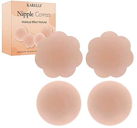 KARELLS Copri Capezzoli in Silicone, Adesivi per Il Petto riutilizzabili, Adesivi per Reggiseno in Silicone autoadesivi Invisibili, (1 Paia di tondi + 1 Paia di Fiori)