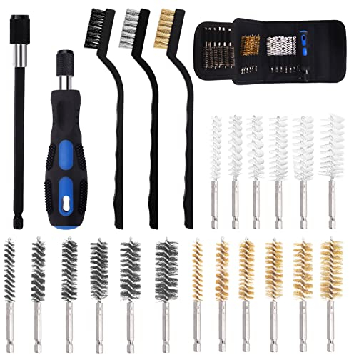 Swpeet 24pc 3 Materials 6 Sizes Bore Cleaning Kit, Stainless Steel, Brass, Nylon with Handle and Twisted Wire Cleaning Brush - 1/4 Inch Hex Shank