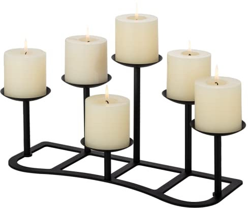 LANLONG Candelabra Pillar Candle Holders Fireplace Matte Black Metal Candleholder with 6 Candle Stands Mantel Floor Table Centerpiece