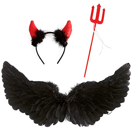 Alas de Angel Negro,Alas Demonio Niña,Alas Angel Plumas,Disfraz deAlas de Angel y Demonio,Disfraz de Alas de Ángel,Alas de Angel con halo para Halloween Carnaval Cosplay Fiesta Disfraces
