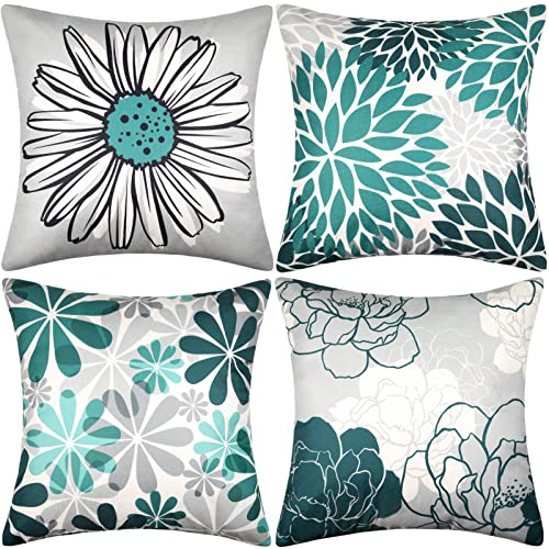 Cheekywares Kissenbezug Grün Grau 40x40 Leinen Sofakissen Kissenhülle Sommer Boho Abstrakt Moderne Blumenmuster Dekokissen Couchkissen für Schlafzimmer Wohnzimmer Garten Kissen Deko 4er Set