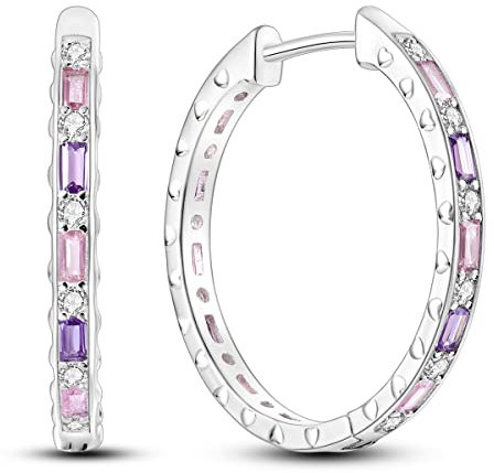 Hapour Tiny Rainbow Creolen 925 Sterling Silber | Eingelegte bunte Zirkonia-Huggie-Ohrringe für Frauen und Mädchen als Geburtstagsgeschenk – große Prinzessinnen-Ohrringe in Rosa und Lila