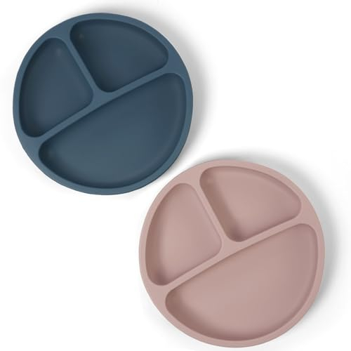 Aolso Plato de Silicona para Bebé Con Ventosa Antideslizante,Pack 2 platos de Silicona para Bebé,Ventosa para Bebé Plato Antivuelco para Niños,BPA Free-Gris oscuro/Marrón