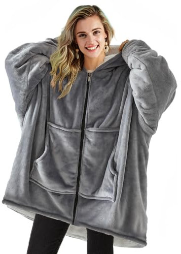 TOWINGO Übergroßes Hoodie Decken Damen, Warme Hoodie Blanket mit Reißverschluss, Einheitsgröße Dick Kapuzenpullover für Damen, Erwachsene, Frauen, Jugendliche, Grau