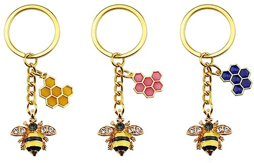 WIDEBG Biene Schlüsselanhänger Honigwabe Schlüsselring Honigbiene Strass Schlüsselanhänger Bee Anhänger Bienenwabe Keyring Hummel Geschenke 3 Stück
