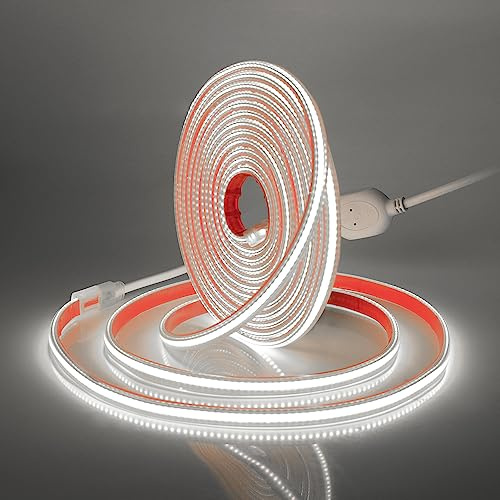 XUNATA Lumière au LED COB Autocollant, 288Leds/m IP65 étanche 230V Super Lumineux Bandeau flexible Ruban LED Light Strip pour Escalier, Chambre, Noël, Fête, etc (Blanc, 15M)