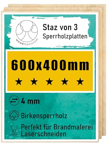 woodmanucom Sperrholzplatte 3x 4mm 600mm x 400mm Platten Aus Birkensperrholz Birkensperrholz Dünne Holz Zuschnitte Bastelholz Platte Sperrholz Holzplatte Laser Basteln Modellbau Holz Deko