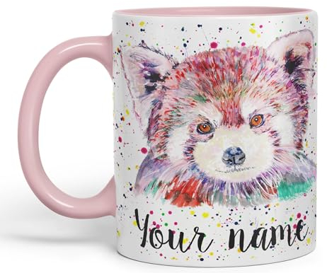 Vixar Personalised with Your Text Red Panda Animals Art Coloured Ceramic Mug Cup Gift 330ml 11oz Custom Work Office Tea Coffee (Pink)