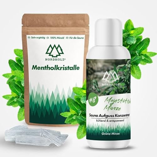 NORDHOLZ® Mentholkristalle [50gr] für Sauna in Premium Qualität aus 100% Minzöl - Befreit die Atemwege und sorgt für intensiven Duft in der Sauna - Sauna Zubehör (Sauna Aufguss Bundle Atemfrei)
