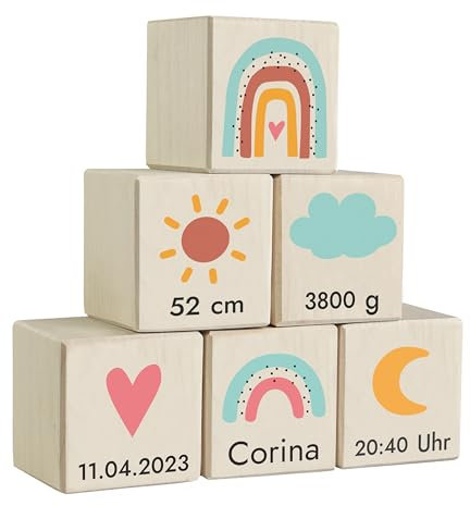 LAUBLUST Holzwürfel Baby Personalisiert mit Namen - Holzspielzeug mit Gravur - 6er Würfel Set - Regenbogen | 50x50x50mm groß, Holz, Natur - für Kinder ab 1 Jahr | Personalisiertes Geschenk zur Geburt