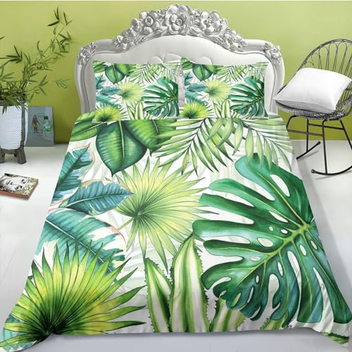 FABTOP Bed Linen Tropical Leaves Green Palm Leaves Pattern Duvet Cover Tropical Palm Leaves and Monstera Bedding Set for Single Bed (1,135 x 200 cm)