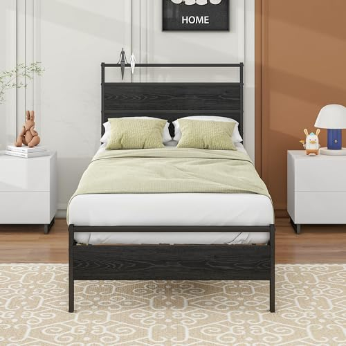 HOJINLINERO Single Bed Frame with Wooden Headboard,Metal Bed Frame Single Beds for Adults,Underbed Storage,Bed Base,No Box Spring Needed,Heavy Duty Slats Support for Bedroom Guest Room,Black