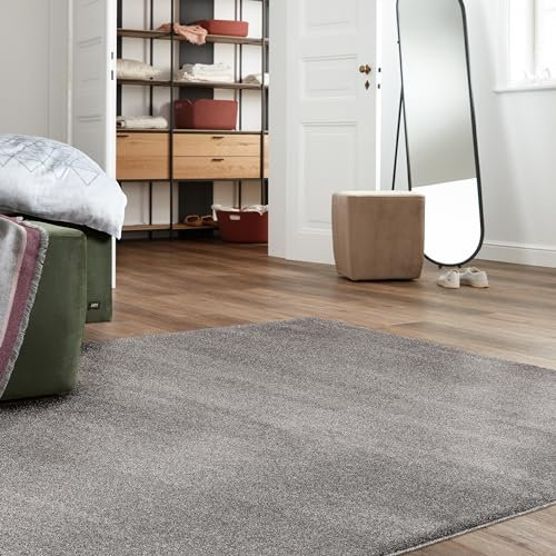Schöner Wohnen Kollektion Hochwertiger Teppich Wohnzimmer, Schlafzimmer - Kurzflorteppich weich - Flachgewebe Moderne Muster - Schimmerndes Design - Teppich Hellgrau 133x190cm
