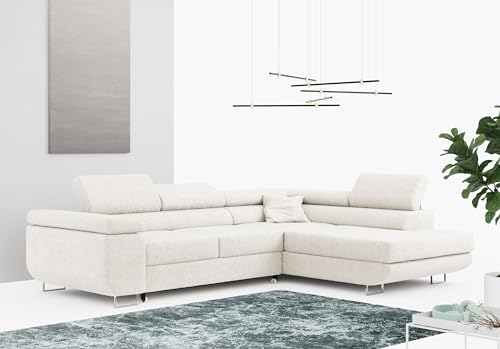 MKS MEBLE Ecksofa Weiß Wohnzimmer - Wohnlandschaft - Schlafsofa mit Bettkasten - Ecksofa mit Schlaffunktion - Wohnzimmer L Couch - Polstersofa mit Bettkasten - Gustaw - Weiß - Rechts