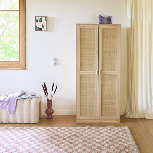 sweeek - Armoire Dressing cannage et Effet Bois. 2 Portes avec penderie et rangements