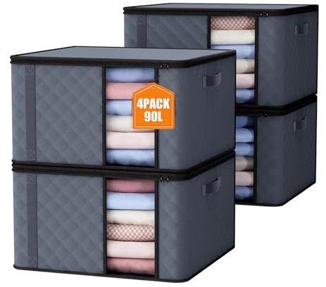 Auveir 4 Stück 90L Aufbewahrungstasche, Aufbewahrungsbox mit Deckel, Große Kleideraufbewahrung Umzugskartons, Faltbare Aufbewahrung Boxen für Bettdecken Decken Kleidung Unterbett Kleiderschrank