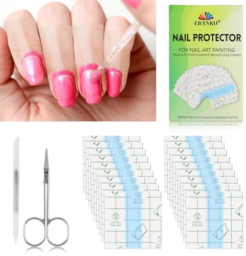 EBANKU 100pcs Nail Polish Protector for Fingers and Cuticles, Peel-Off Barrier for Nail Art, Includes Scissors & Double-Sided Nail File