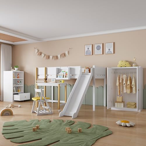 Komplettschlafzimmer Set, 3-tlg. Hochbett+Kleiderschrank+Bücherregal, Kinderbett Einzelbett 90x200 mit Rutsche&Tisch, Mehreren Stauräumen, Etagenbett mit Rausfallschutz&Lattenrost, Kiefer, Weiß+Natur