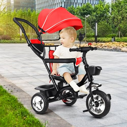 OHMG Baby-Dreirad, skalierbar, 4-in-1, Laufrad, mitwachsend, wendbarer Sitz, Trike Bebe, Velo, skalierbarer Kinderwagen, klappbares Sonnendach und abnehmbare Pedale (rot)