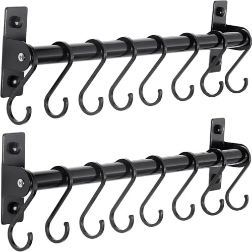 Pot Pan Racks, Kitchen Utensil Holder Hanger, Wall Mounted Pots and Pans Hanging Rack Rail with 8 Hooks, Organizer for Hanging Knives, Pot and Pan, Cooking Utensils, Mugs, Spoons, Black, Pack of 2