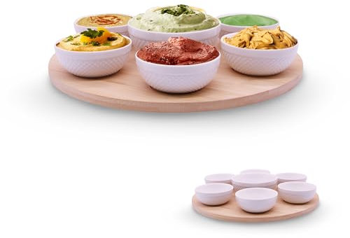 Rotating Bamboo Serving Tray with 6 Small Ceramic Condiment Bowls and 1 Larger Center Bowl - Lazy Susan Style Elegant Serving Set for Dips, Snacks, Appetizers, and More