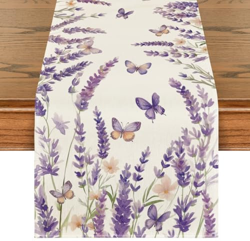 Artoid Mode Lila Blumen Lavendel Schmetterling Frühling Tischläufer, Saisonnal Küche Tisch Dekoration Drinnen Urlaub Party Dekor 40x140 cm