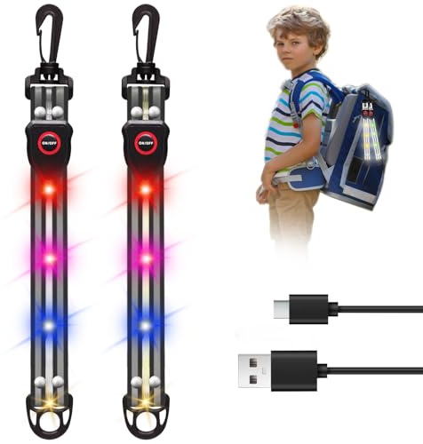 LED Blinklicht Schulranzen - USB Aufladbar Sicherheit Licht für Kinder Schulranzen - 2 Stück Reflektor Reflektoren Anhänger für Rucksack Roller Kinderwagen (Schwarz)